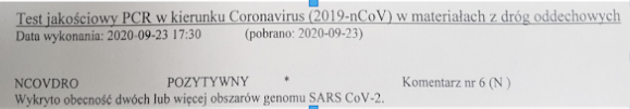  Pozytywny wynik testu PCR potwierdzający zakażenie koronawirusem