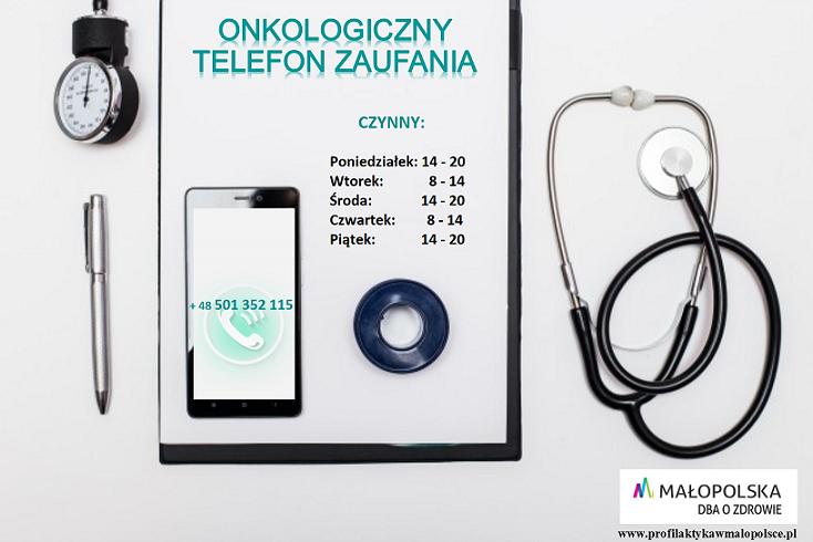 infografika dotycząca godzin w jakich czynny jest onkologicznego telefon zaufania oraz numer telefonu pod którym można uzyskać pomoc