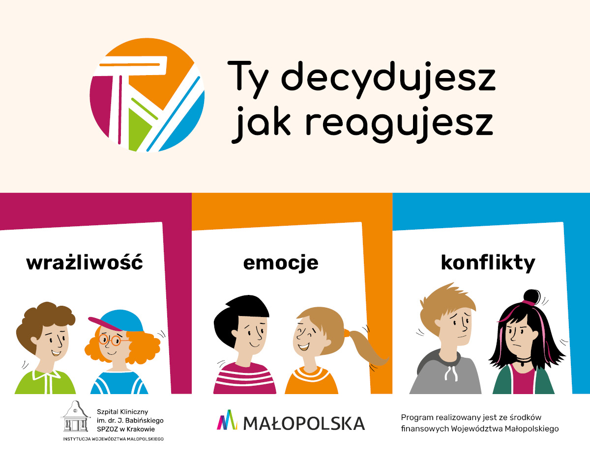 Ty decydujesz jak reagujesz. Poniżej napisy "wrażliwość", "emocje" i "konflikty" opatrzone grafikami