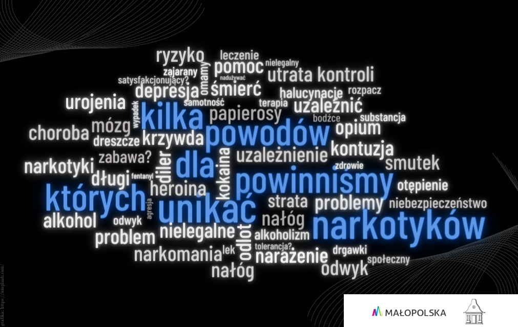 Na czarnym tle widoczny jest tytuł artykułu - kilka powodów dla których powinniśmy unikać narkotyków. Wokół niego umieszczone zostały wyrazy, które kojarzą się z przyjmowaniem narkotyków czyli efektami i konsekwencjami ich stosowania.