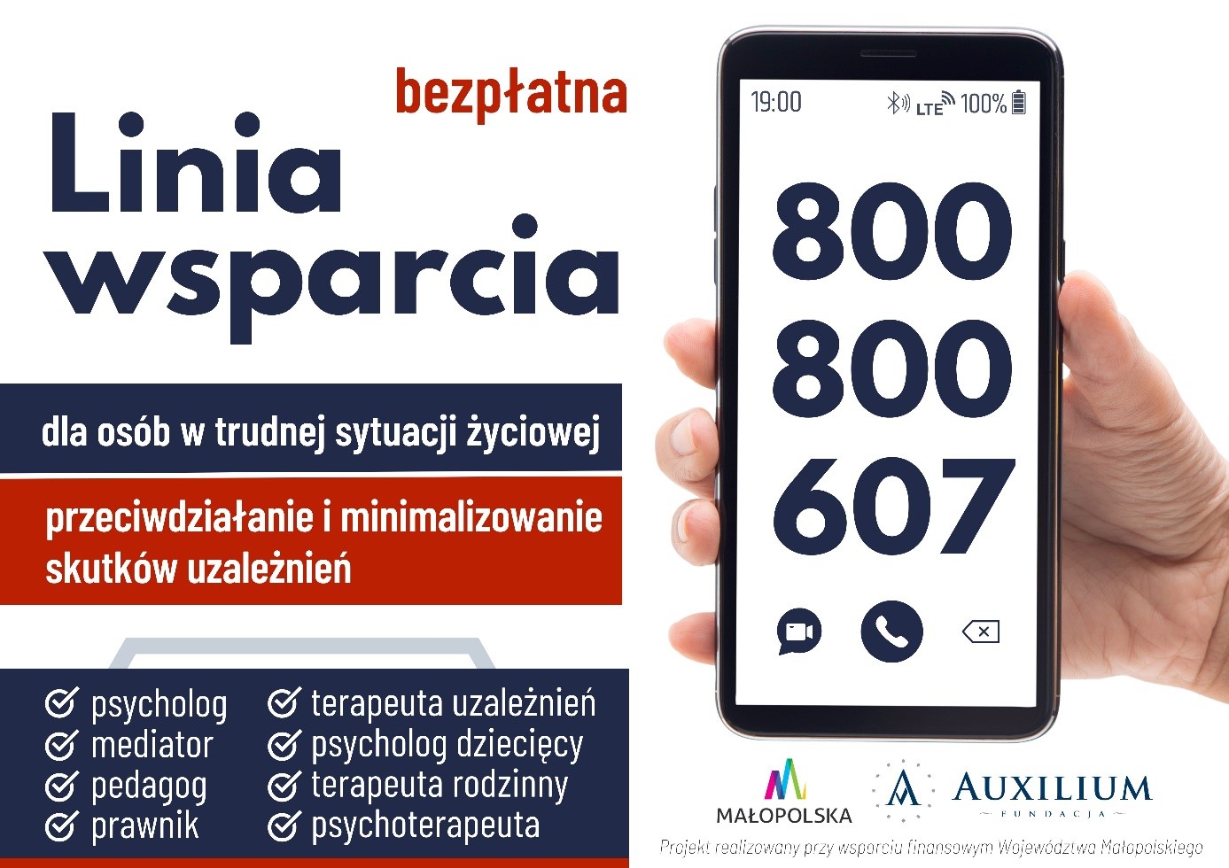 Bezpłatna infolinia wsparcia dla osób w trudnej sytuacji życiowej, przeciwdziałanie i minimalizowane skutków uzależnień numer telefonu 800 800 607