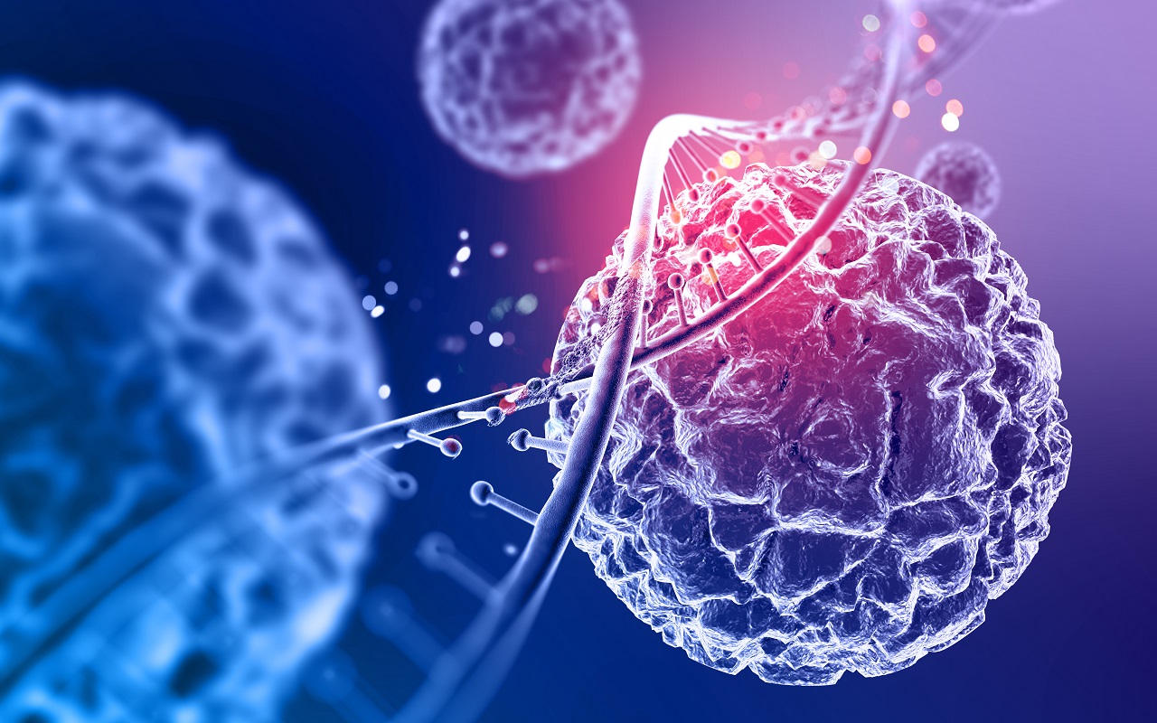 grafika przedstawiająca łańcuch DNA oraz widoczne w tle komórki