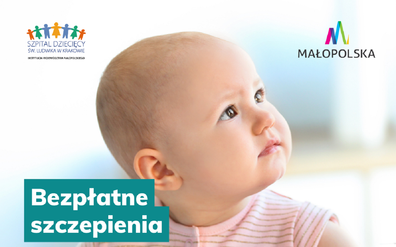 Napis &quot;bezpłatne szczepienia&quot;. W tle niemowlę z podniesioną głową patrzące w dal.